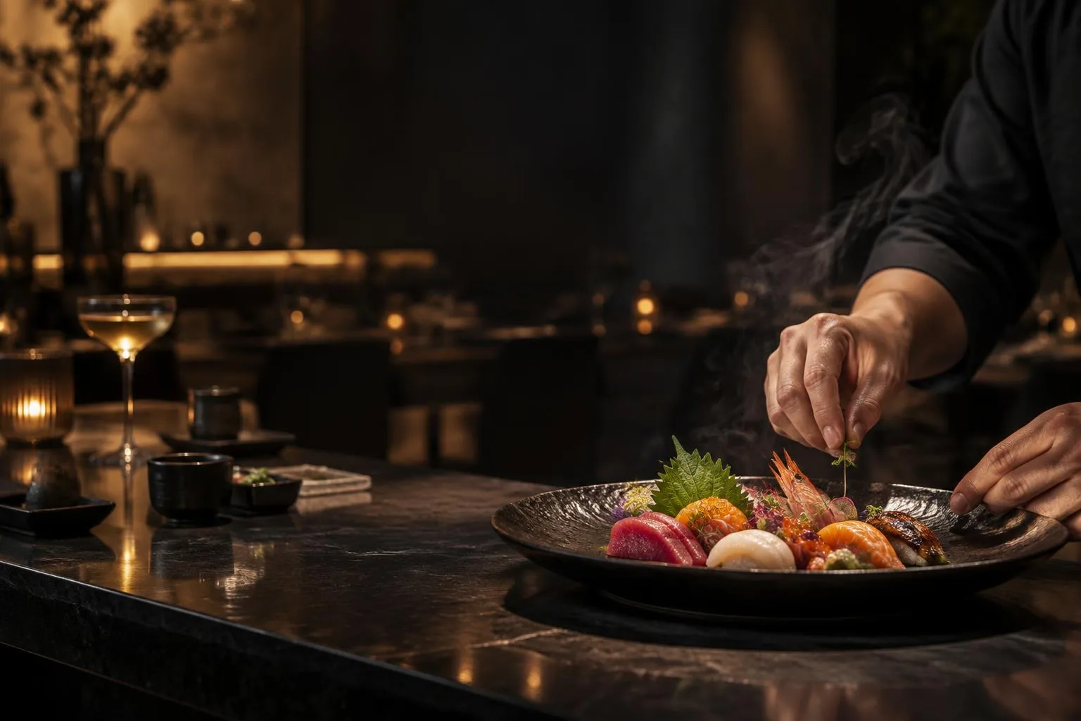 Chef richtet Sushi und Sashimi im COCOON an